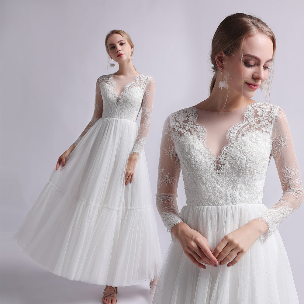 A-Line Ankle Length Lace Tulle Wedding Dress