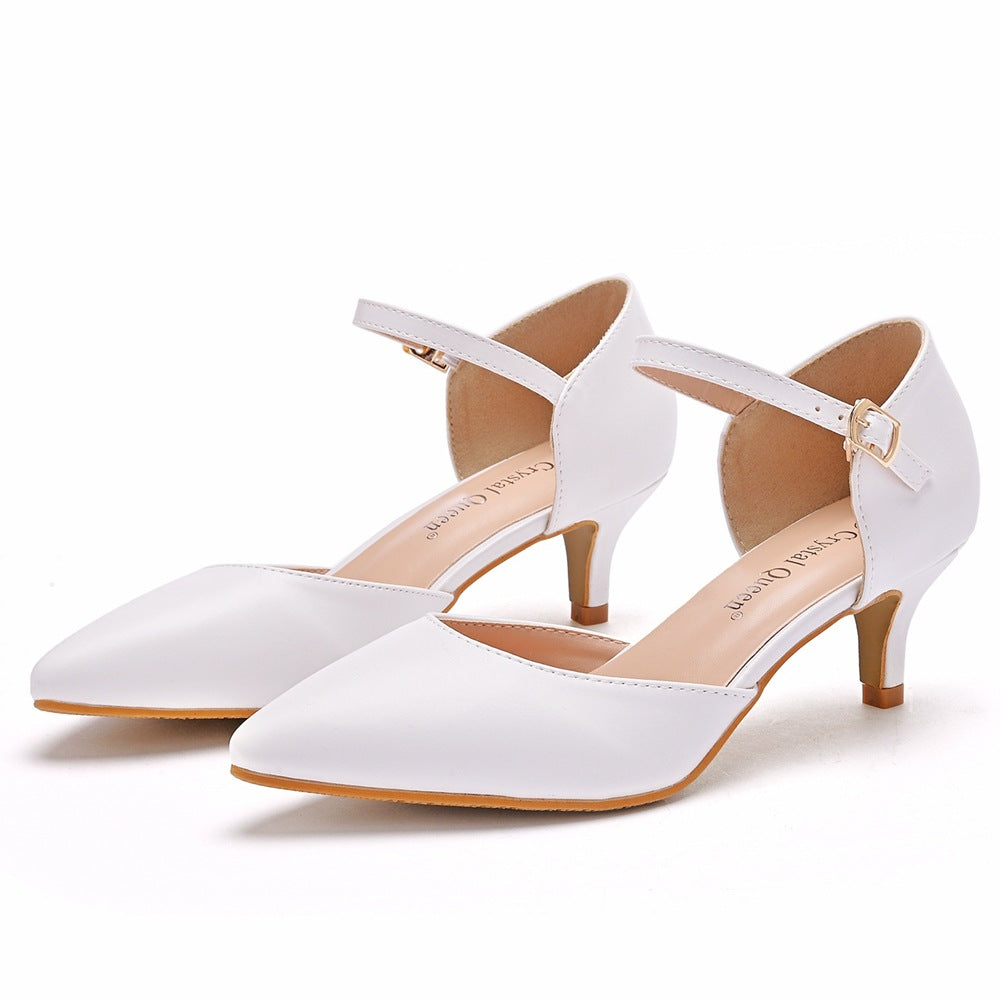 White and fine heel pointed toe sandals low heel low heel large size sandals women's wedding shoes bridal shoes