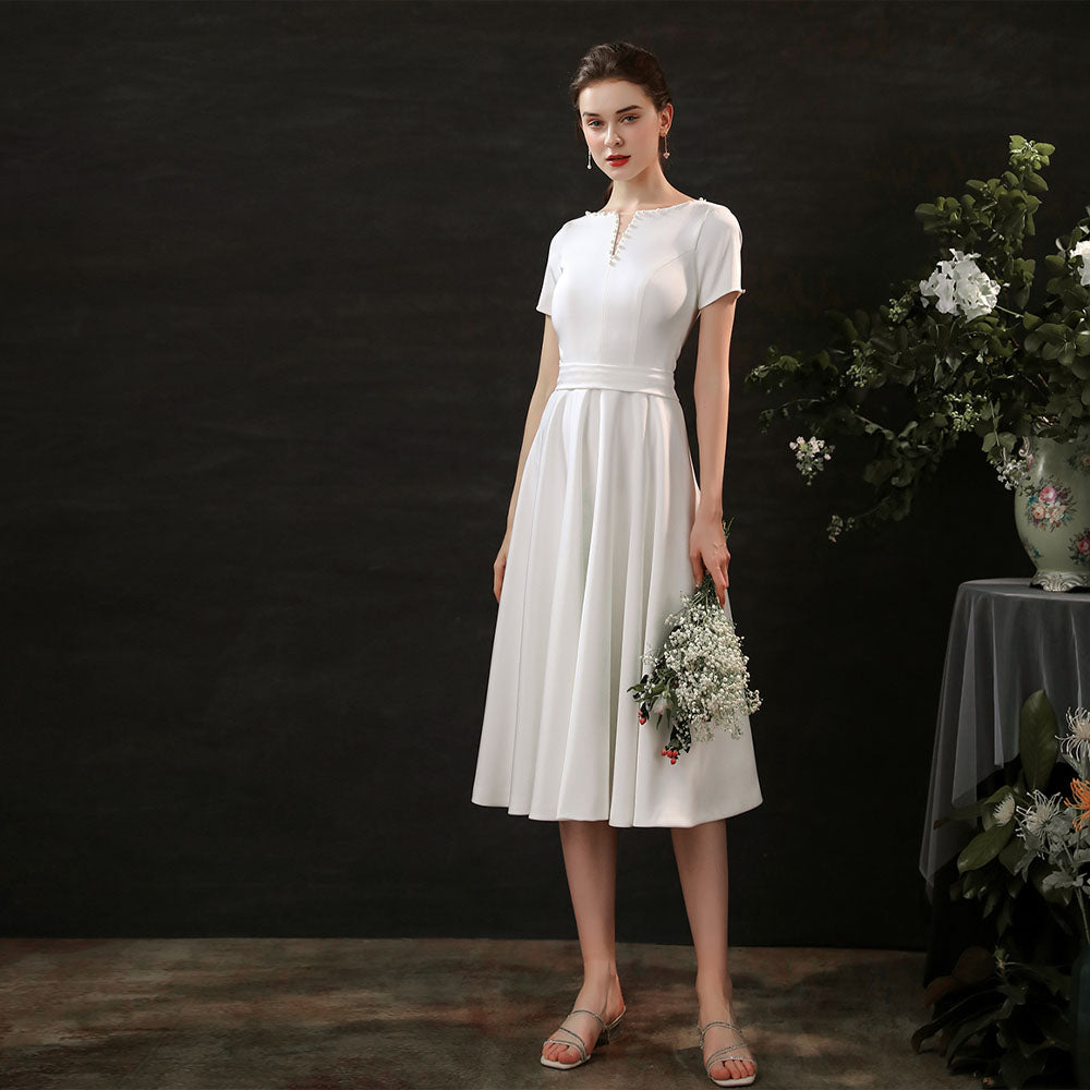 Sheath-Column Tea Length Satin Wedding Dress