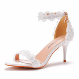 7cm elegant one-strap low-cut stiletto sandals white lace wedding shoes stiletto heel beaded summer sandals