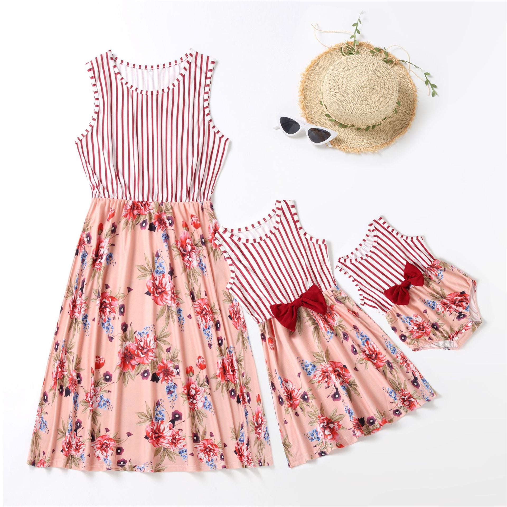 Flower stripe stitched bow dress parent-child dress