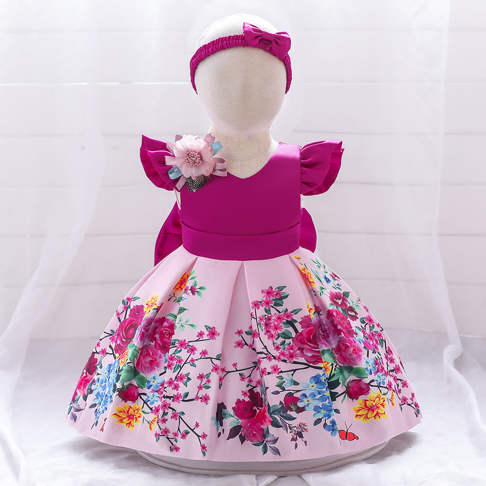 European And American New Girls' Dress Forged Cloth Printed Dress Flower Child Wedding Little Girl Dress First Birthday Baby Wedding Princess Dress