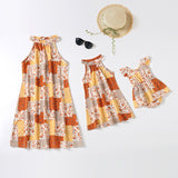 Tie-up lace-up collar printed parent-child dress