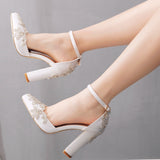 Chunky heel pointed-toe shoes large size thick heel sandals Rhinestone Wedding shoes women's white wedding shoes
