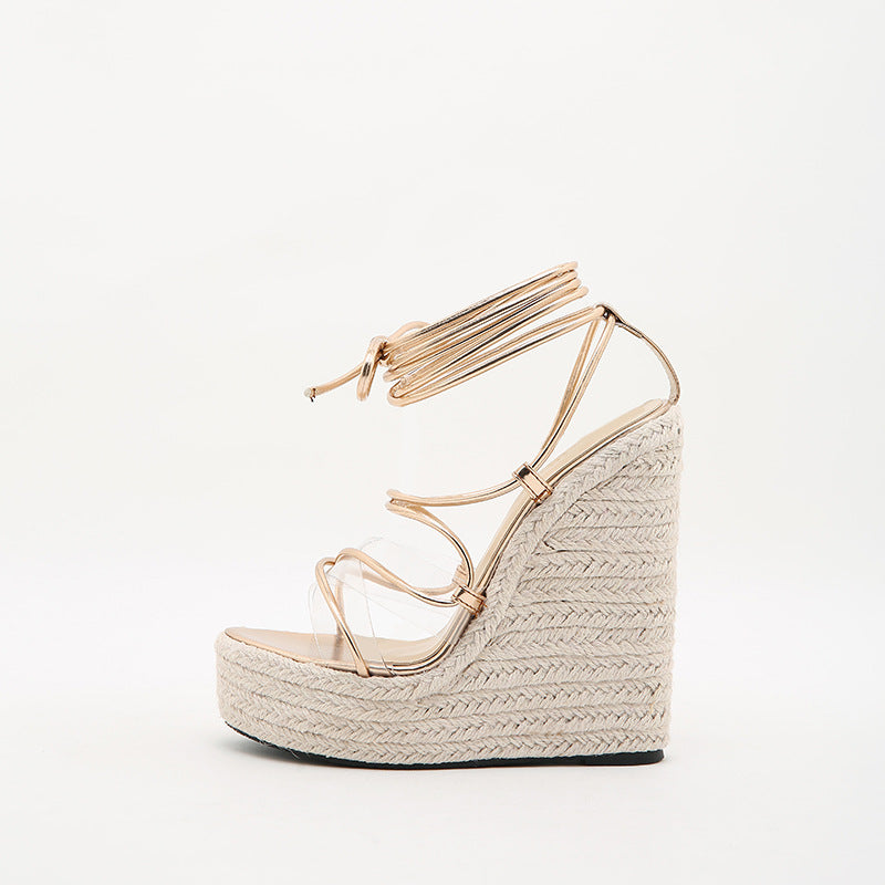Simple straw woven wedge sandals sexy lace-up sandals temperament plus size women's shoes