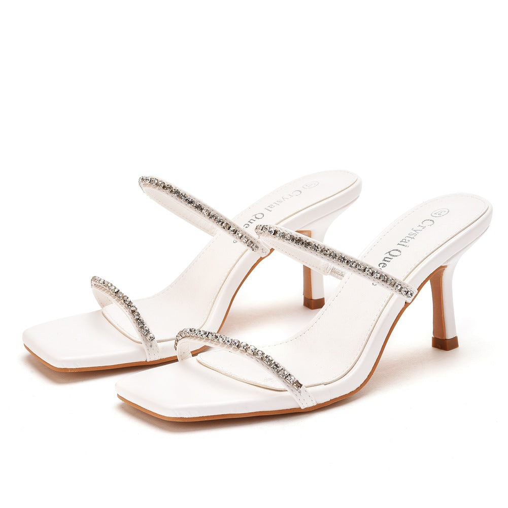 Square toe high heel sandals wine cup heel elegant white stiletto rhinestone sandals large size sandals summer