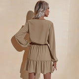 Women's V-neck Long Sleeve Ruffle Dress Short Skirt