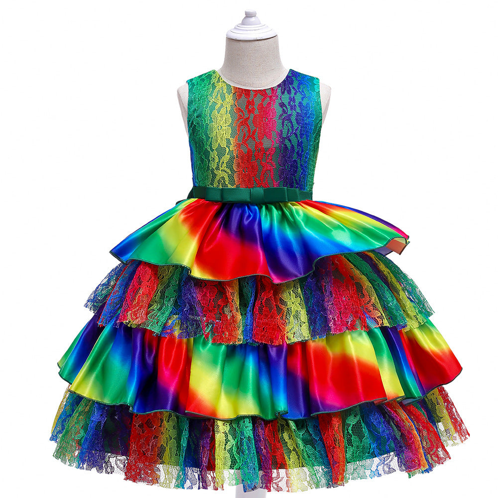 New Girls' Dress With Gradient Color Multi-Layer Mesh Pompous Dress Princess Dress