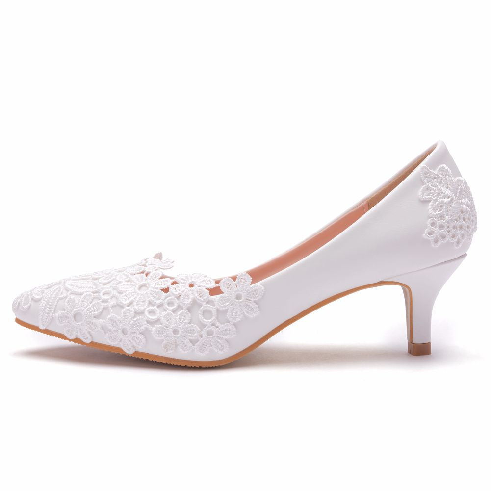 5cm elegant simple lace flower wedding shoes white high-heeled bridal shoes adult ceremony shoes wedding shoes