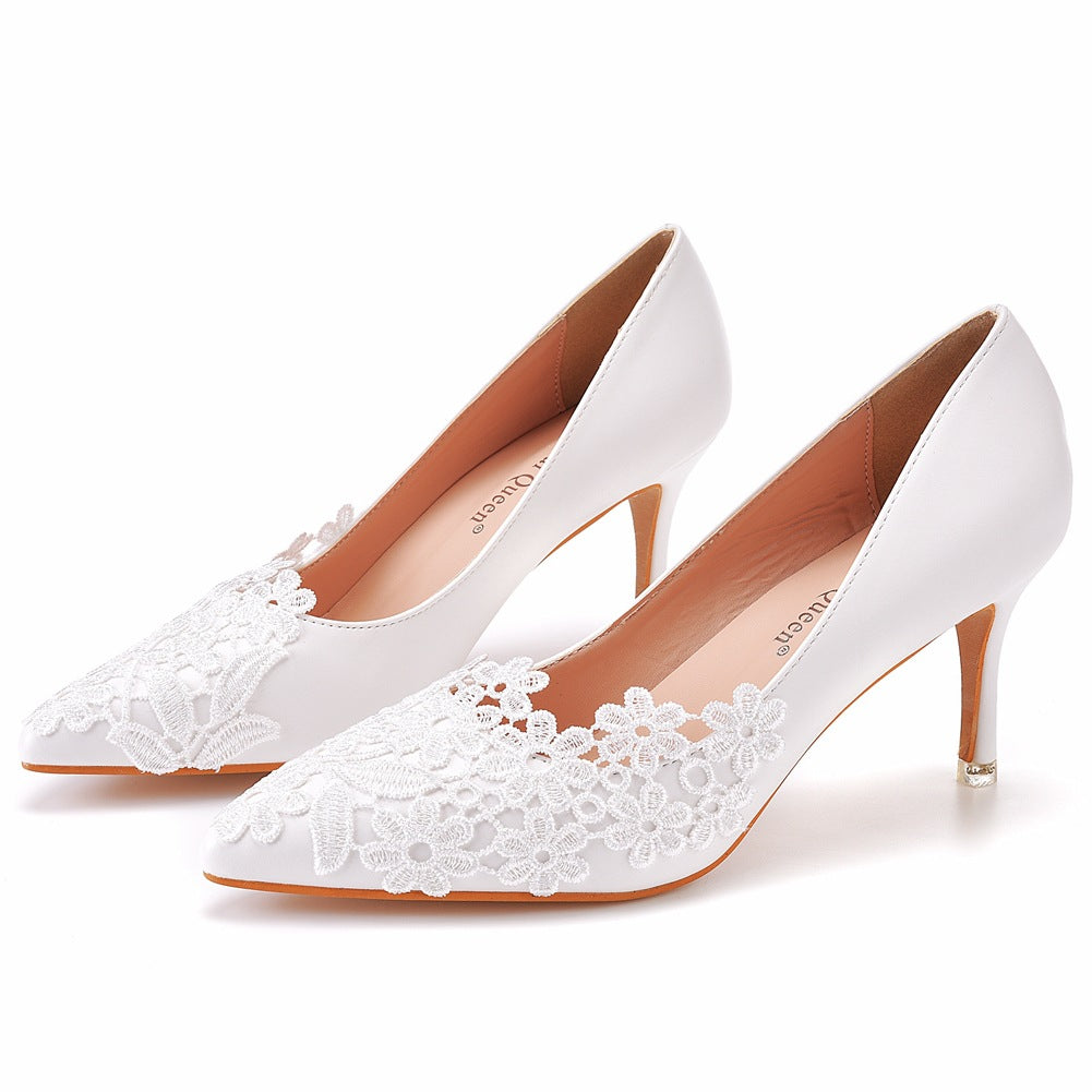 Pointed toe pumps thin mid-high heel pumps pointed toe shoes large size women's shoes lace wedding shoes bridesmaid shoes
