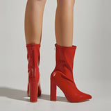 Women's red plus size pointed toe chunky high heels middle boots back zipper