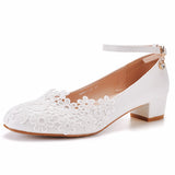 White Square Heel lace bridal wedding shoes