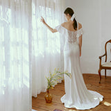 Sheath-Column Sweep-Brush Train Satin Wedding Dress