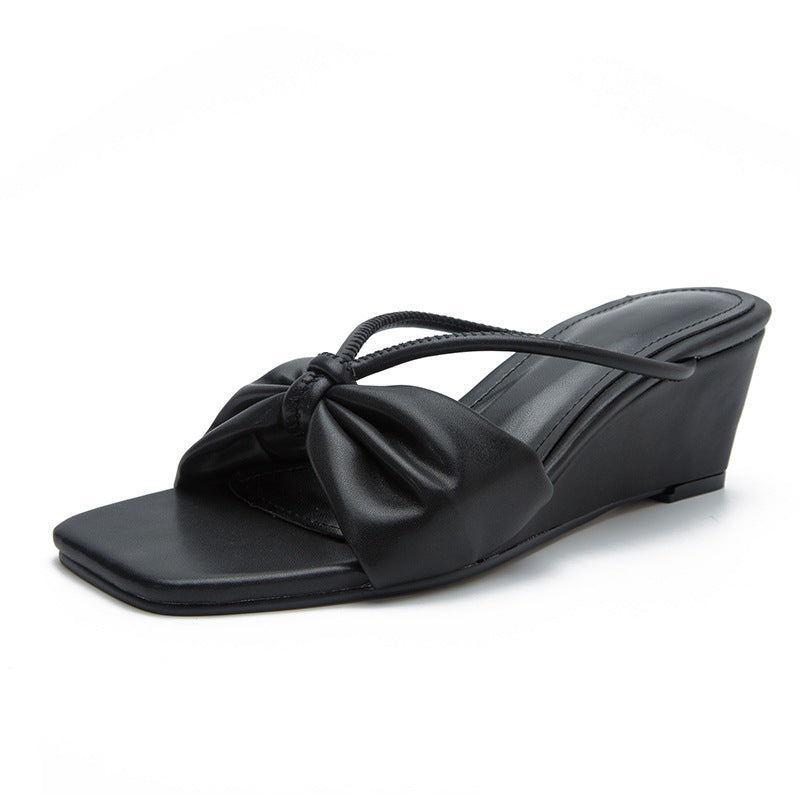 Summer bowknot stiletto wedge slippers square toe comfortable slip-on sandals for women
