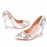 Shallow mouth pumps crystal heel rhinestone bride and bridesmaid shoes for prom party plus size dinner party shoes