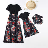 Parent child printed mother daughter short sleeved stitched dress women's long skirt