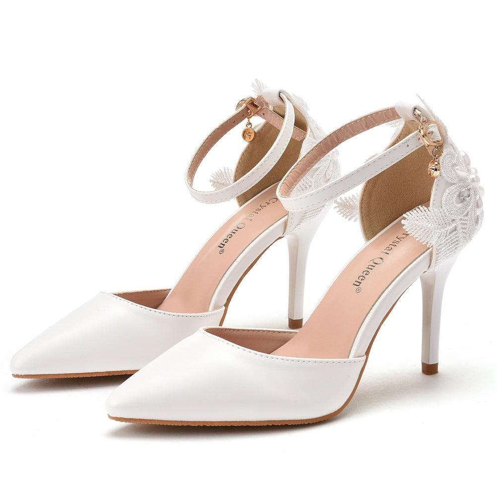 White lace flower wedding shoes one-word wrist strap bridal shoes stiletto heel pointed toe racket wedding shoes women's sandals