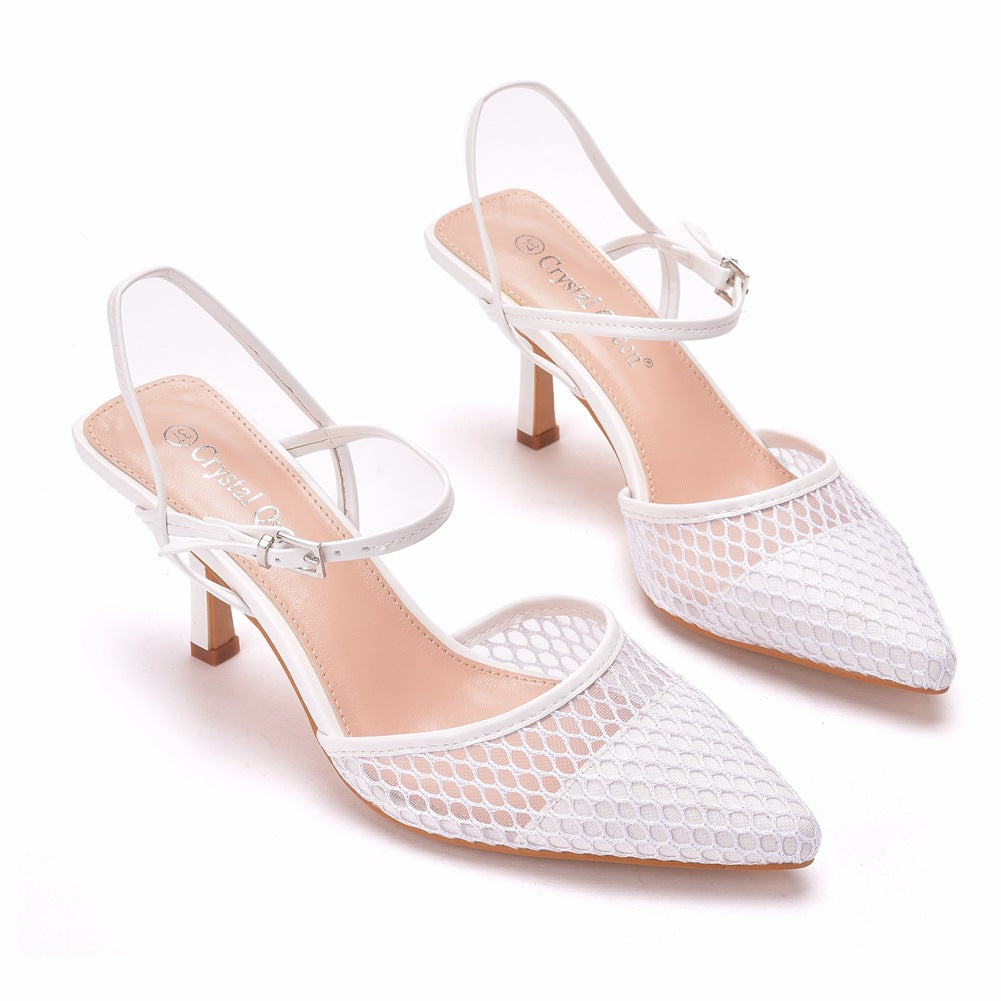 7cm white mesh breathable low-cut pointed sandals stiletto heel pointed-toe hollowed mesh wedding high heel sandals for women