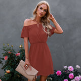 Women's Solid Off Shoulder Suspender Dress Short Skirt