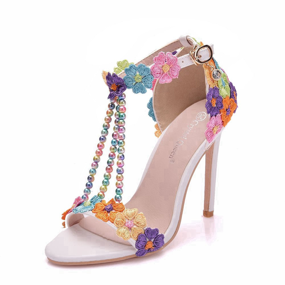 11cm heel high multi-color sandals single strap shoes stiletto peep-toe Roman open toe sandals beaded high heel sandals