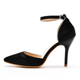 Black silk satin pointed high heel sandals low-cut buckle large size sandals for women party shoes