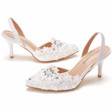 7cm low-cut pointed sandals white lace bead stiletto sandals plus size wedding shoes