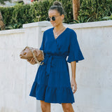 Women's V-neck Lace Up Ruffle Short Sleeve Dress