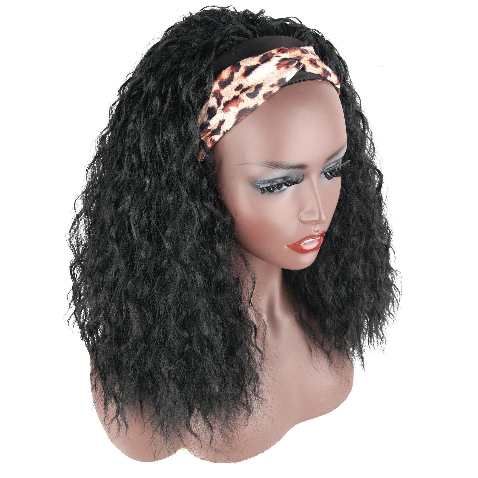 Black wig with long curly Headband