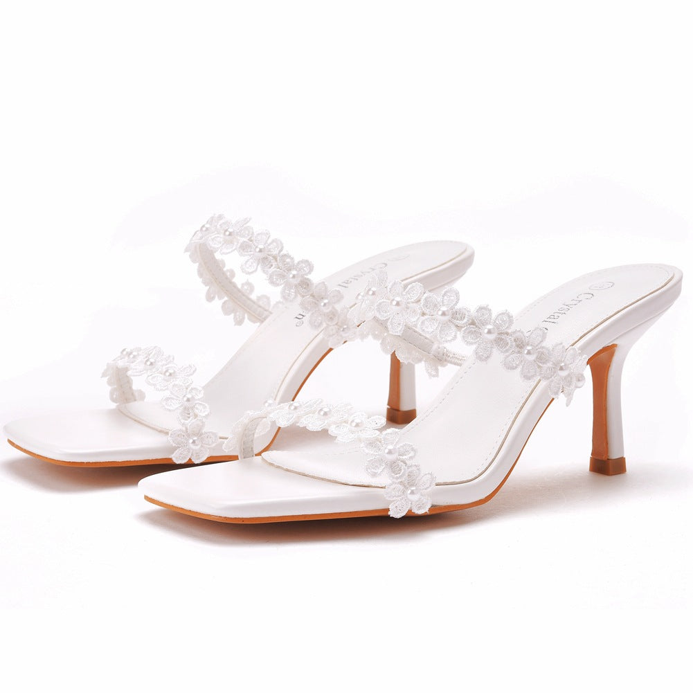 Square toe high heel sandals and slippers wine glass heel fashion white lace flower beaded sandals large size high heel