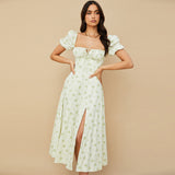 Women's Sexy Square Neck Bubble Sleeve Printed Hollow Out Split Dress