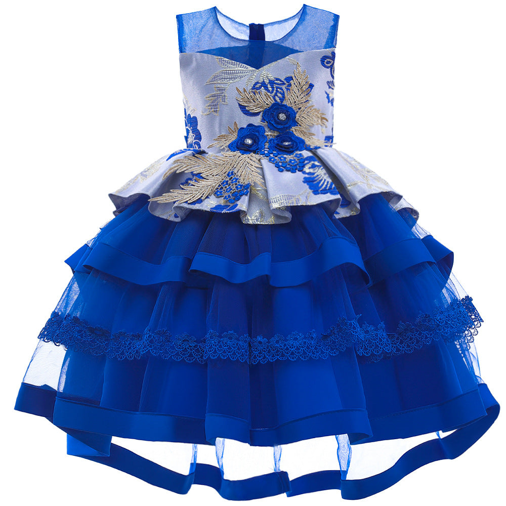 Children's Dress Embroidered Tail Pompous Gauze Girl Princess Dress Runway Dress Children's Host Dress