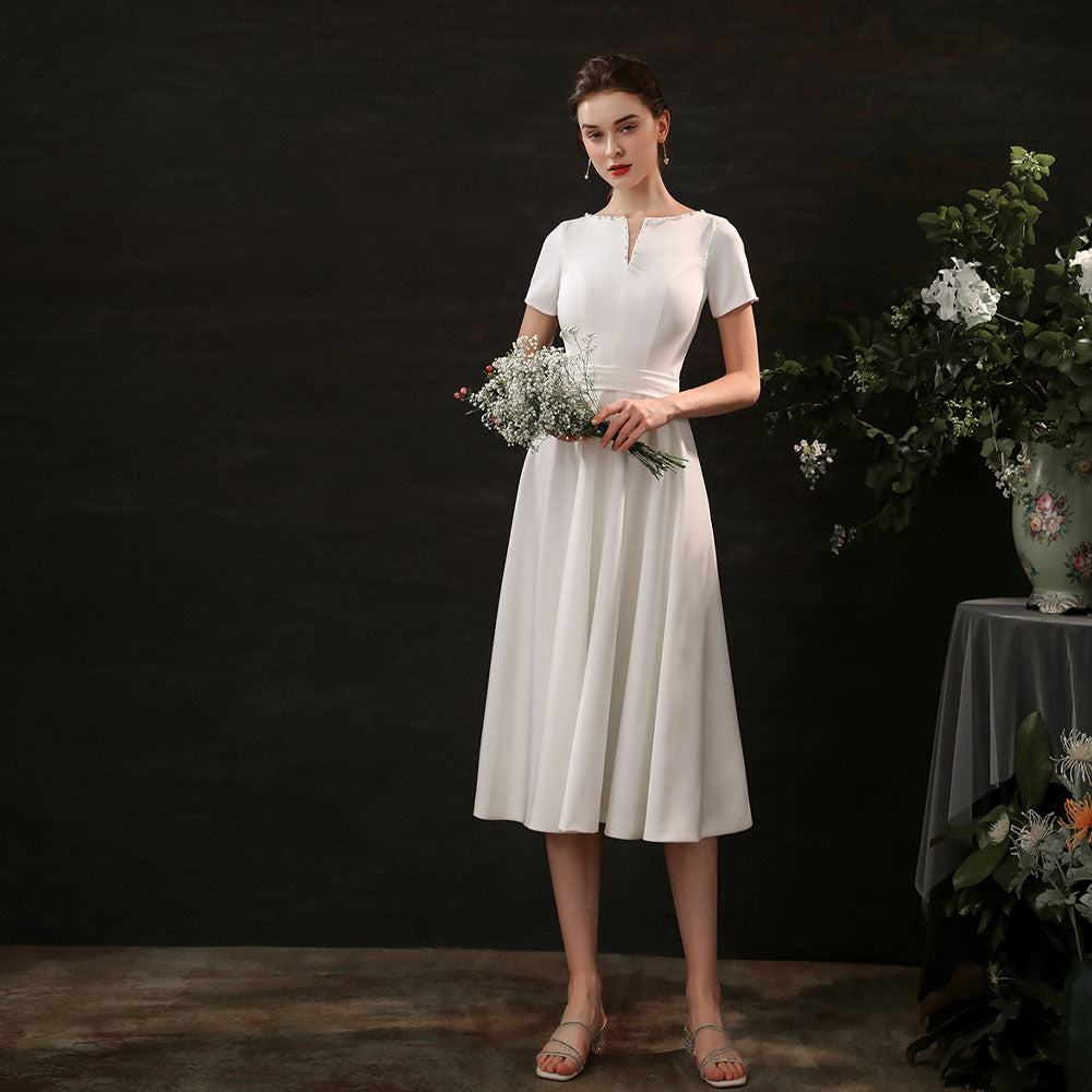 Sheath-Column Tea Length Satin Wedding Dress