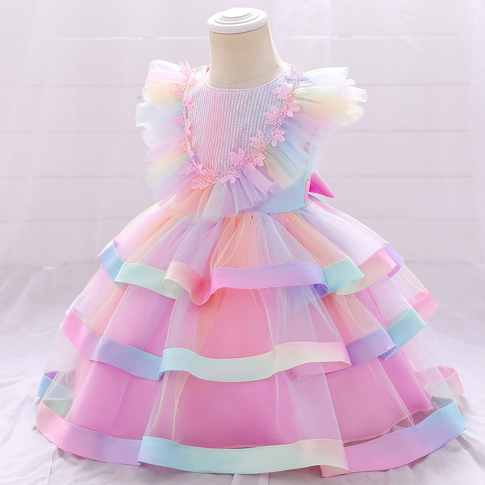 New Children's Dress Sequins Multicolor Multi-Layer Cake Skirt Pompous Gauze First Birthday Dress Children's Performance Clothing