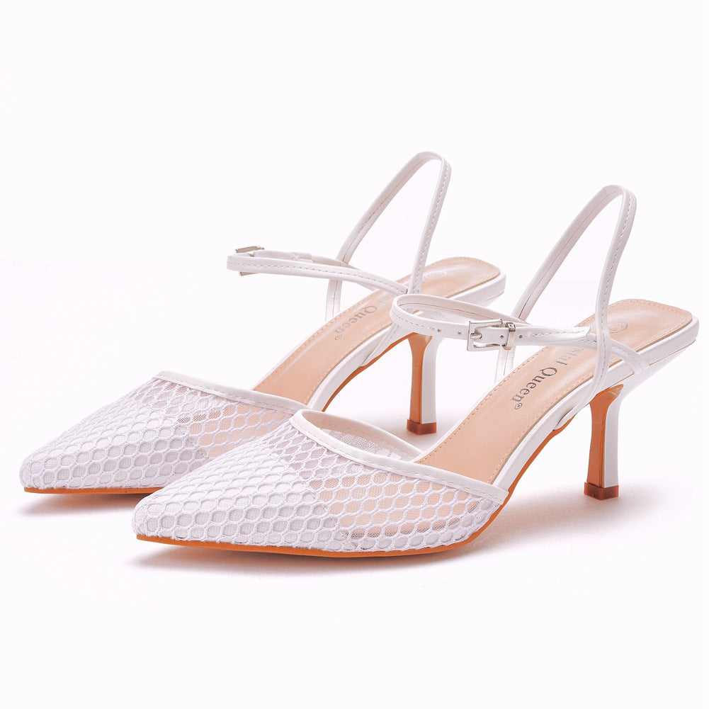 7cm white mesh breathable low-cut pointed sandals stiletto heel pointed-toe hollowed mesh wedding high heel sandals for women