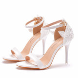 9cm low-cut one-strap white sandals stiletto heel open toe large size sandals beaded flower wedding shoes