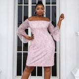 Plus Size Off Shoulder Flare Sleeve Sequins Lace Pattern Banquet Prom Dress