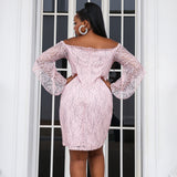Plus Size Off Shoulder Flare Sleeve Sequins Lace Pattern Banquet Prom Dress