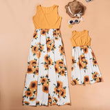Sleeveless dress sunflower print mother-daughter matching outfit