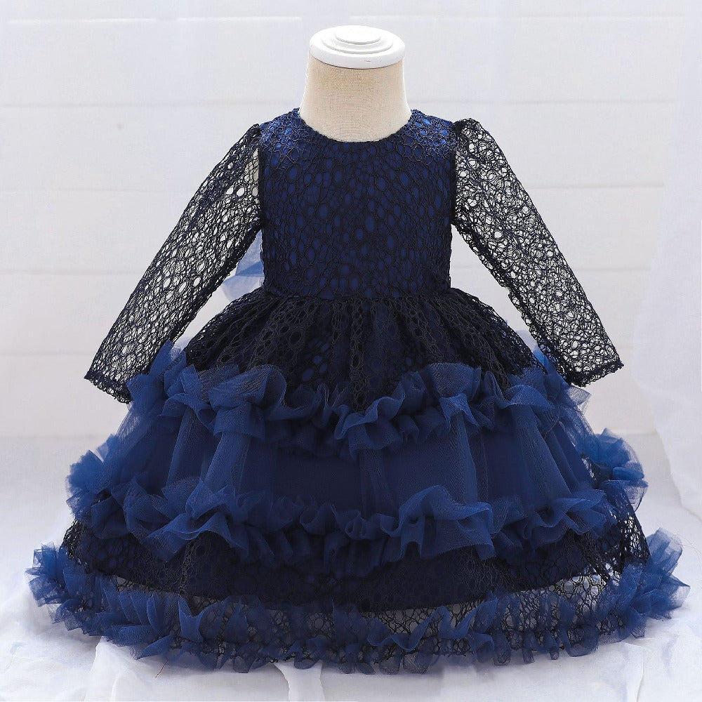 New Children's Dress Long Sleeve Pure Color Lace Multi-Layer Gauze Pompous Skirt Little Girl Princess Dress Evening Dress