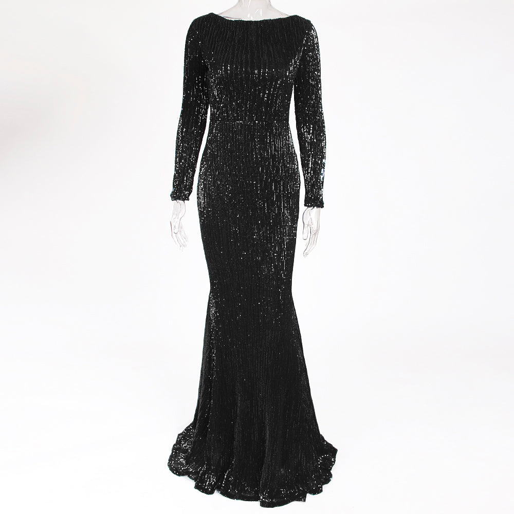 Women Long Sleeve Floor Length Mermaid Formal Gown Stretch Sequin Evening Night Party Dress