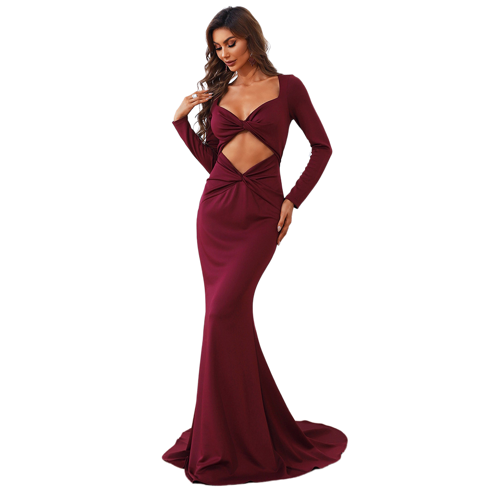 Long Sleeve Sweetheart Neck Cut Out Floor Length Prom Evening Dresses