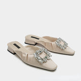 Women's shoes stylish low heel pleated rhinestone buckle closed-toe slippers