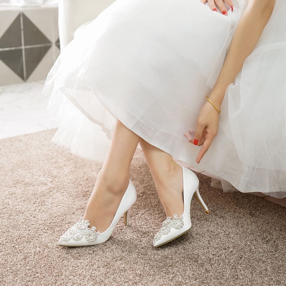 High heel shoes pointed toe stiletto rhinestone satin bridal shoes