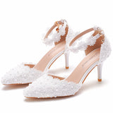 White lace wedding shoes single strap shoes stiletto heel pointed toe wedding dress bridal shoes women's sandals bridesmaid