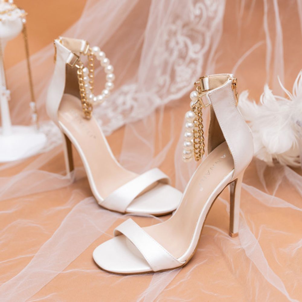 One strap sandals pearl chain sexy large size stiletto heel bridal shoes