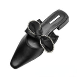 Women's shoes black bow square toe flat bottom sandals women's outer wear toe cap semi Slipper