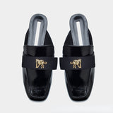 Women's shoes black patent leather Tiger ornament bow square toe flat bottom closed toe half slippers