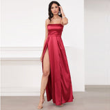 Women Sexy Tie Up Straps Backless Slit Satin Night Out Party Dress