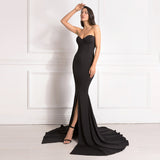 Women Sexy Strapless Slit Hollow Out Evening Party Maxi Dress