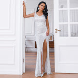V Neck Tassel Evening Dresses Split Thigh Floor Length Sequins Prom Party Dresses